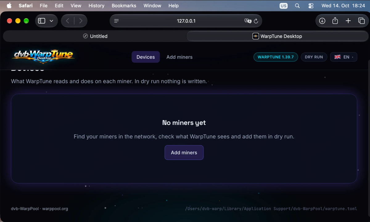 WarpTune Desktop: No miners yet