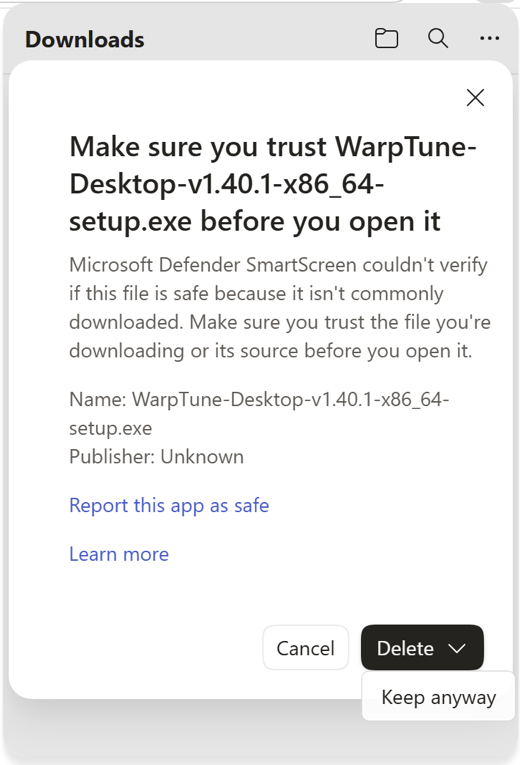 Edge: Keep anyway under the arrow next to Delete