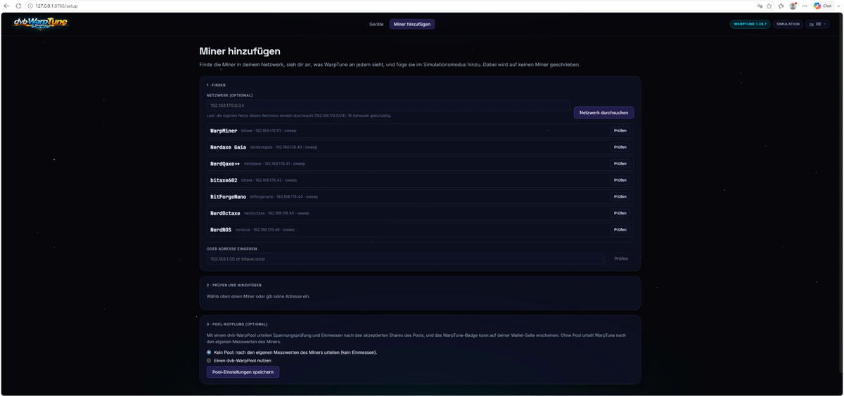 WarpTune Desktop: gefundene Miner