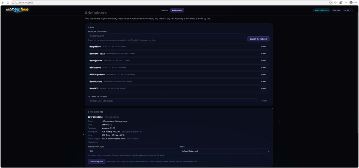 WarpTune Desktop: check and add a miner